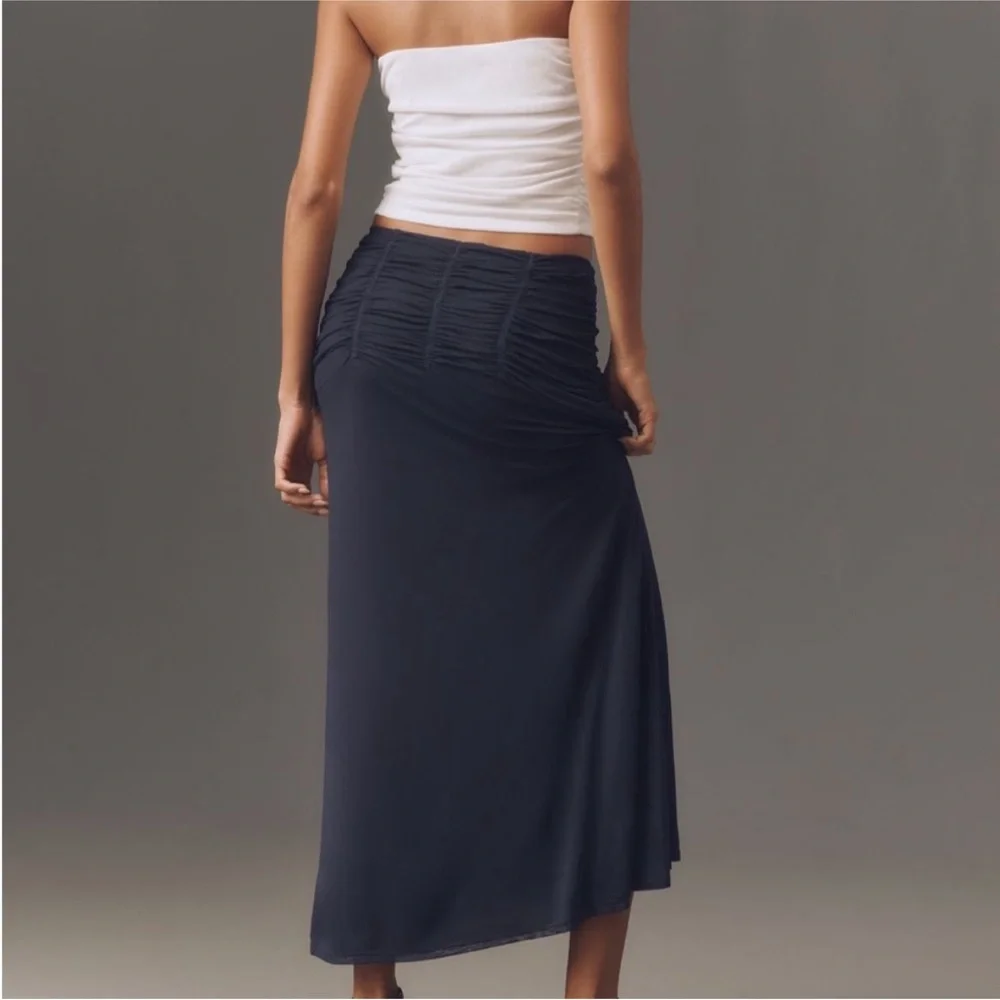 Anthropologie Maeve Ruched Yoke Column Maxi Skirt XL Navy NWT - Picture 2 of 8